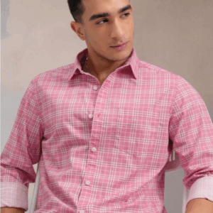 Classic Pink Slim Fit Tartan Checked Spread Collar Cotton Casual Shirt